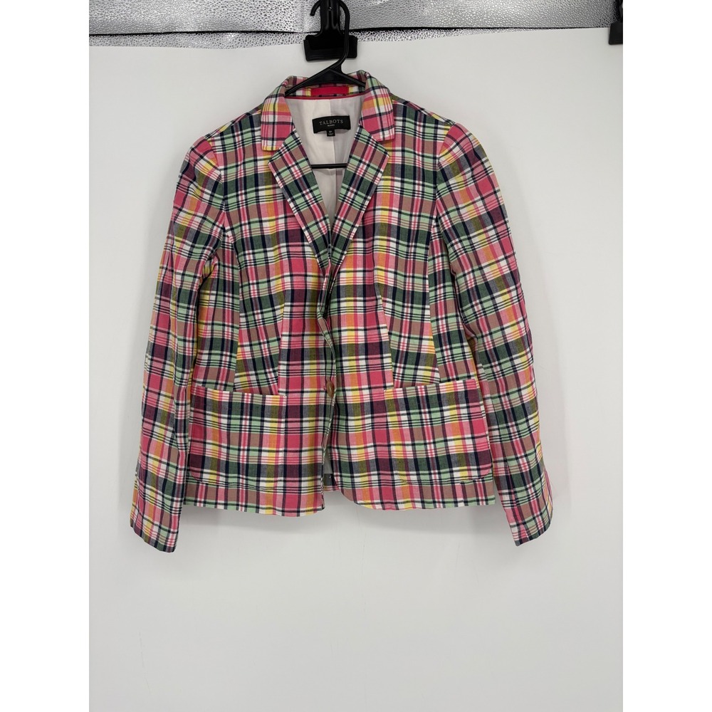 Talbots Blazer Women 8P Multi Plaid Madras Linen Blend Two Button Jacket